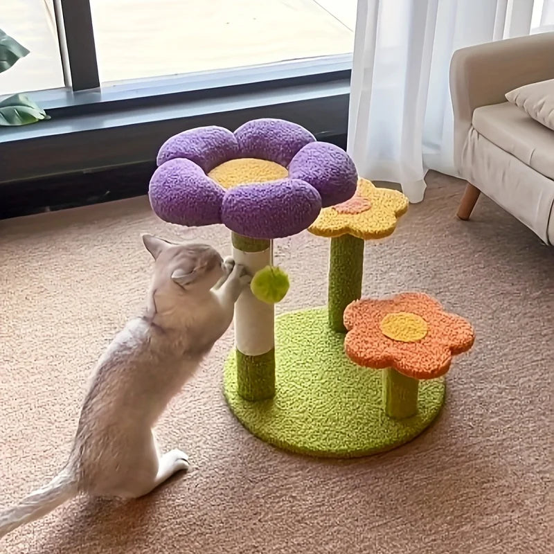 Flower Cat Scratching Post & Climbing Playstand – 3-Level Sisal Rope Scratcher with Plush Base (Indoor Cats)