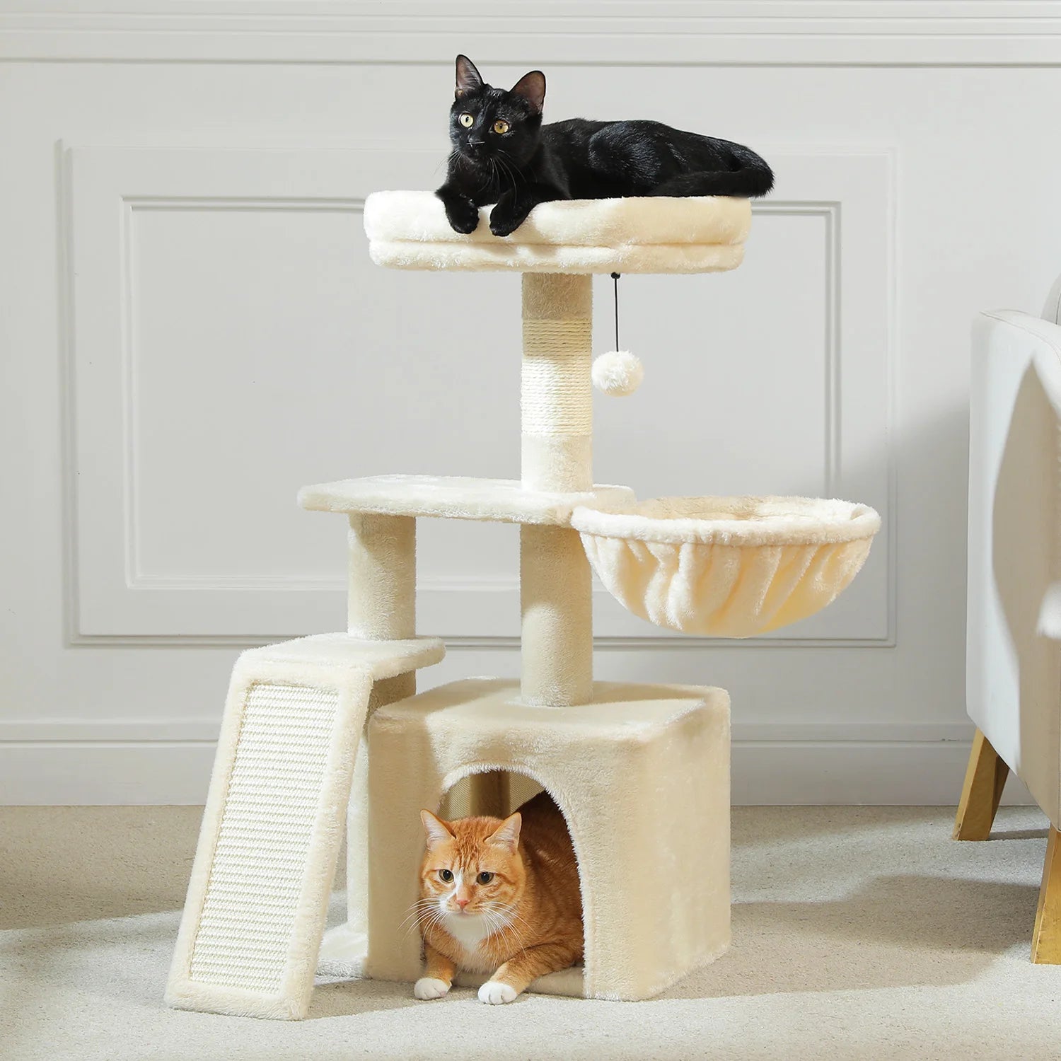 Small Cat Tree Tower with Sisal Scratching Ramp, Condo, Hammock & Top Perch