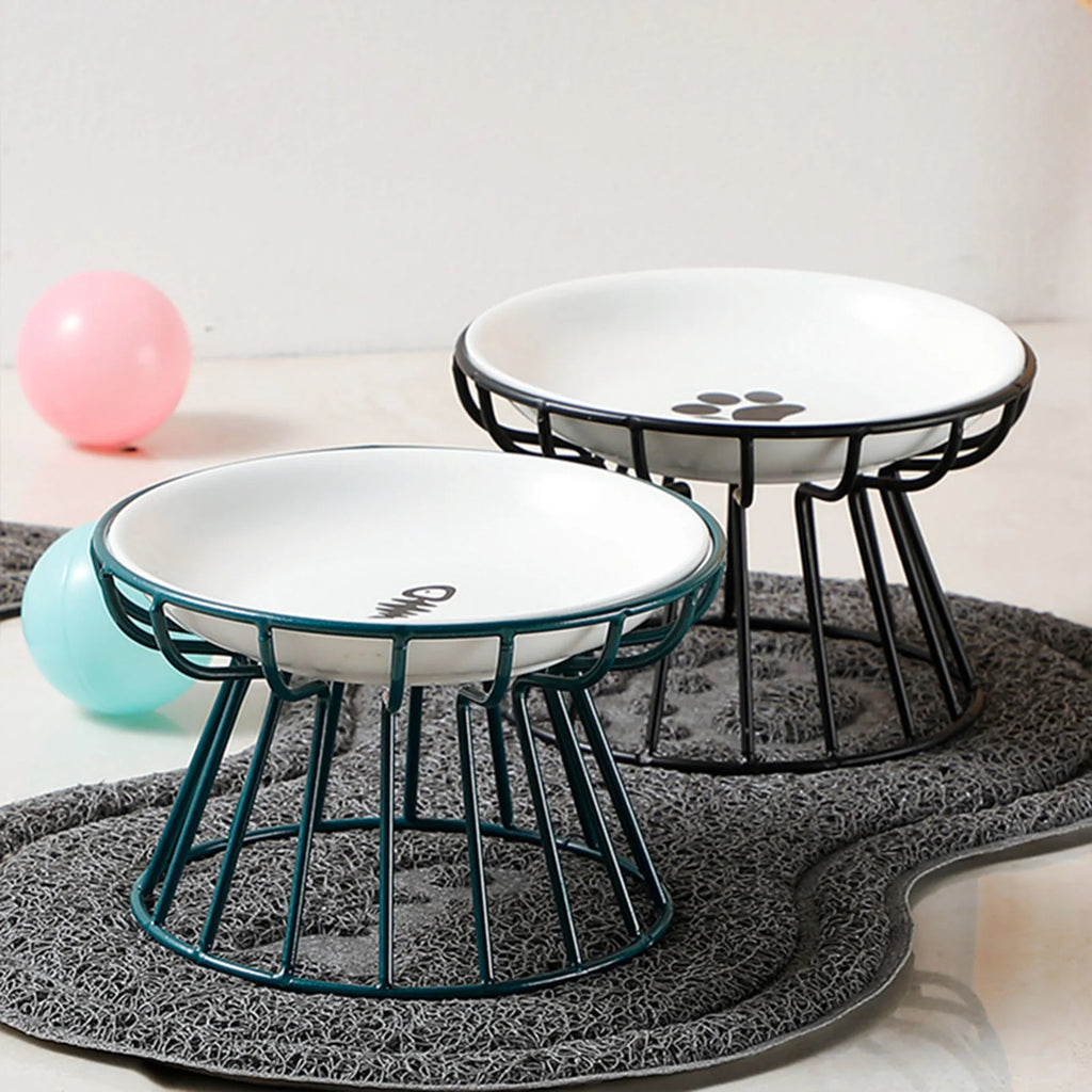 Wide Ceramic Whisker-Friendly Cat Bowl with Iron Stand
