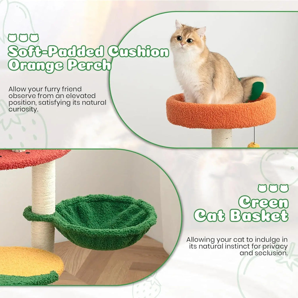 Fruit World Cat Tree Tower (40.5") – Strawberry Plush Perches, Cozy Basket Hammock & Sisal Scratching Posts