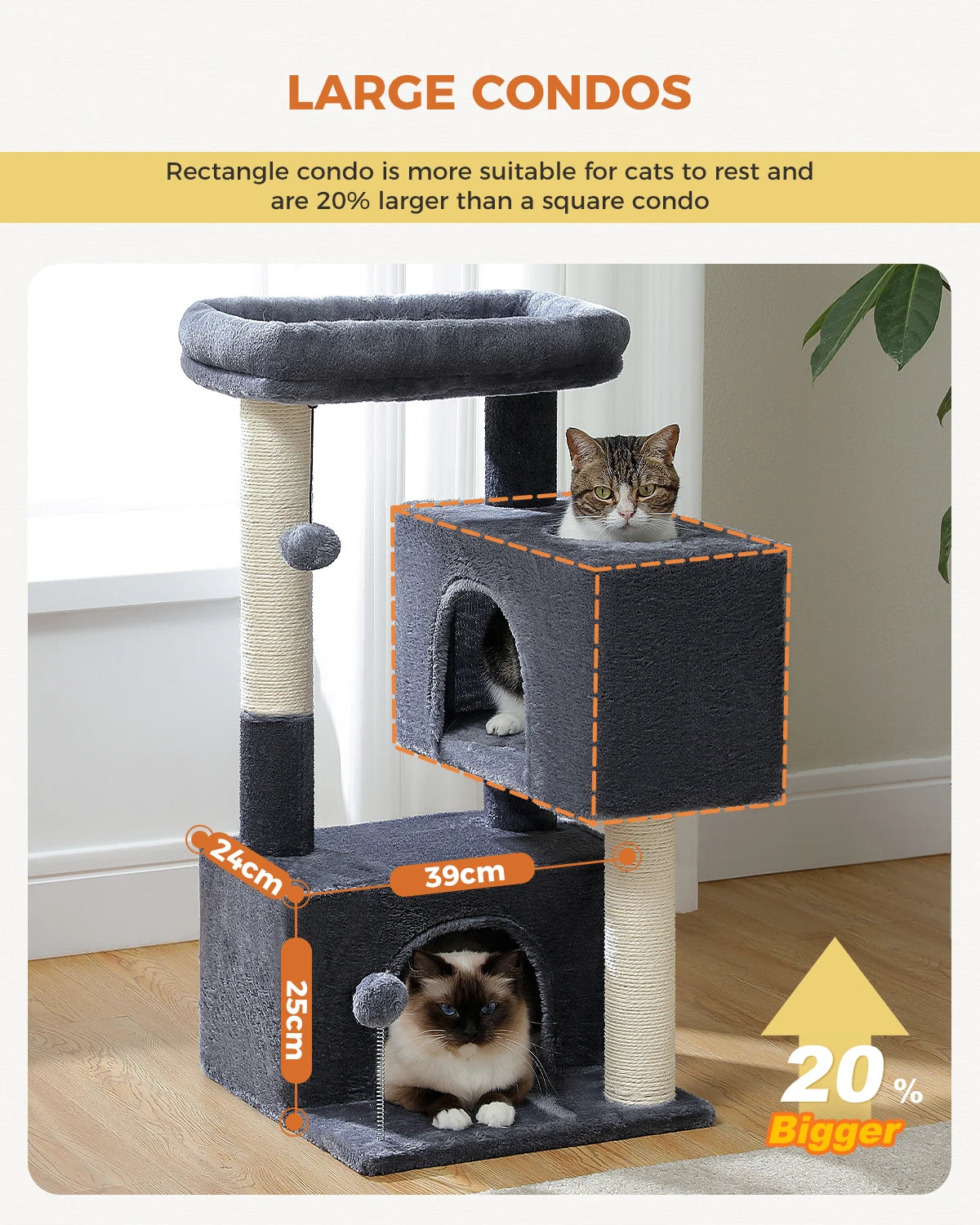 Small Cat Tree Tower with Sisal Scratching Ramp, Condo, Hammock & Top Perch
