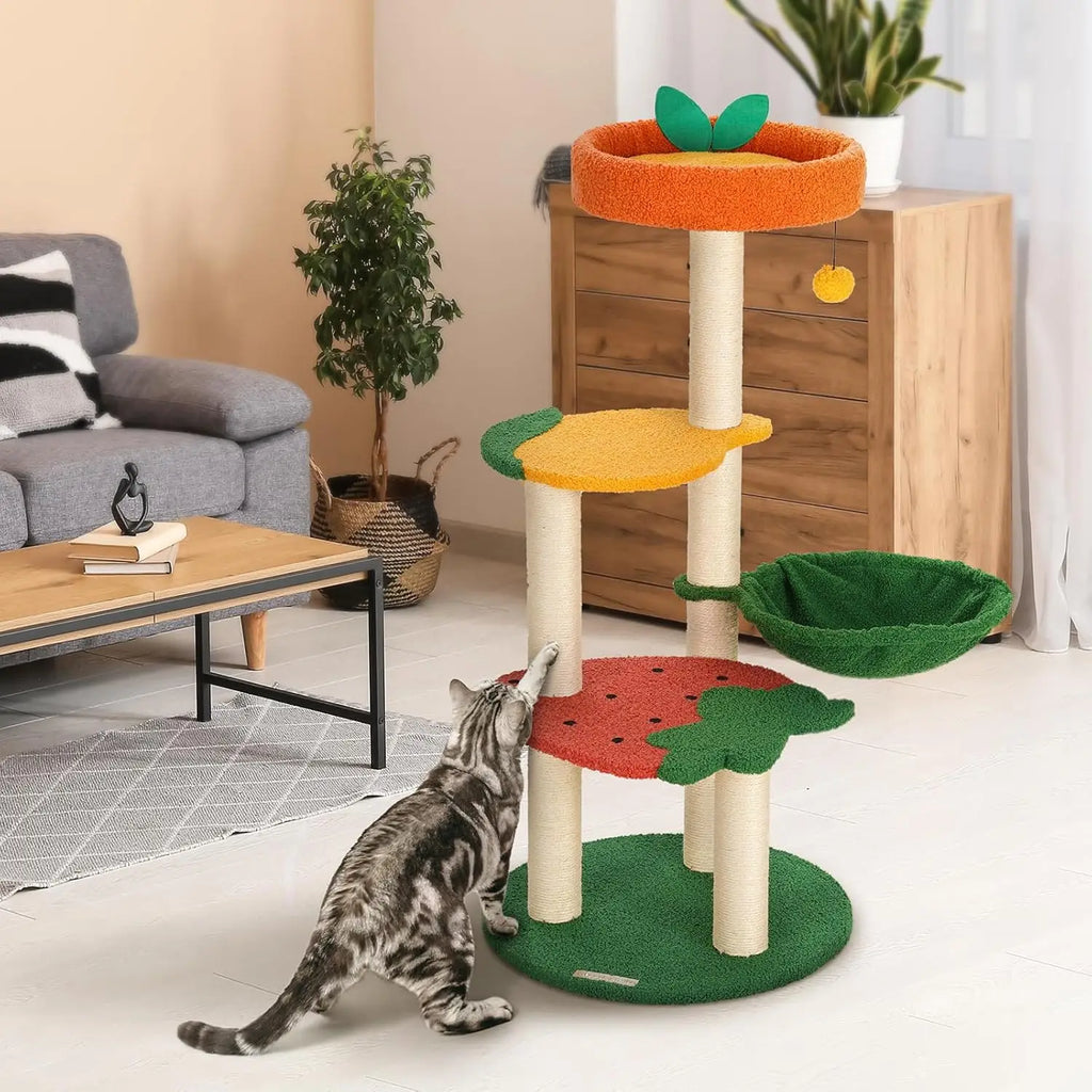 Fruit World Cat Tree Tower (40.5") – Strawberry Plush Perches, Cozy Basket Hammock & Sisal Scratching Posts
