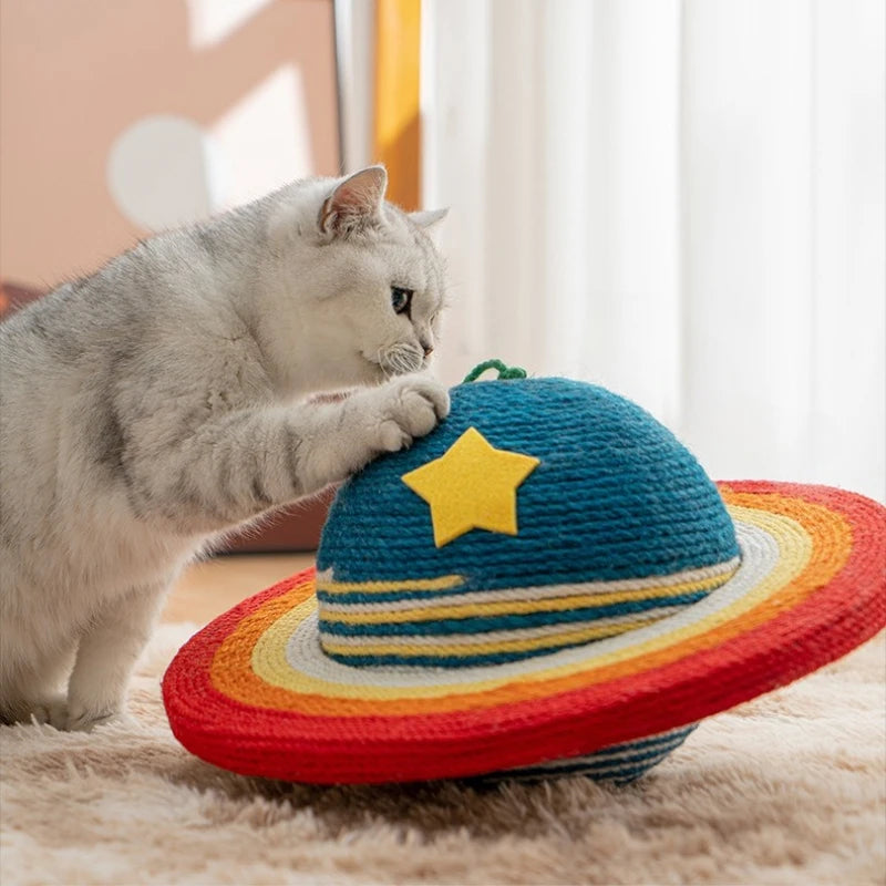 Starry Sky Planet Cat Scratcher – Natural Sisal Scratch Post with Play Ball, Indoor Cat Scratch Pad