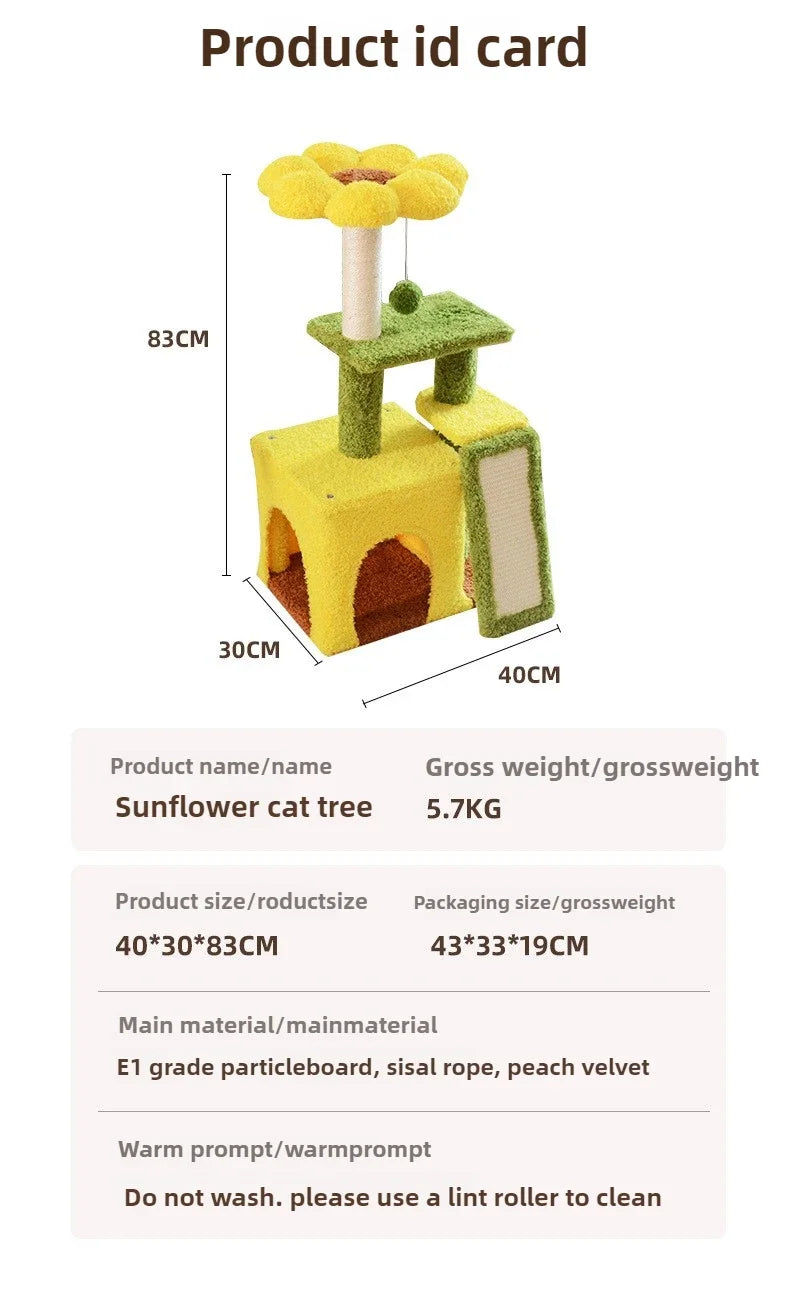 Sunflower Cat Tree Tower – Plush Velvet Cat Condo, Cozy Nest, Scratch Post & Flower Perch