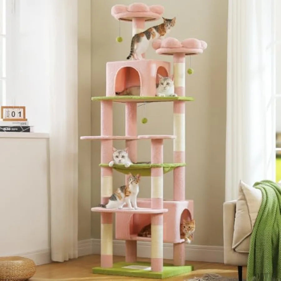 81" Tall Flower Cat Tree Tower – 2 Condos, 2 Perches & Large Hammock (Pink)