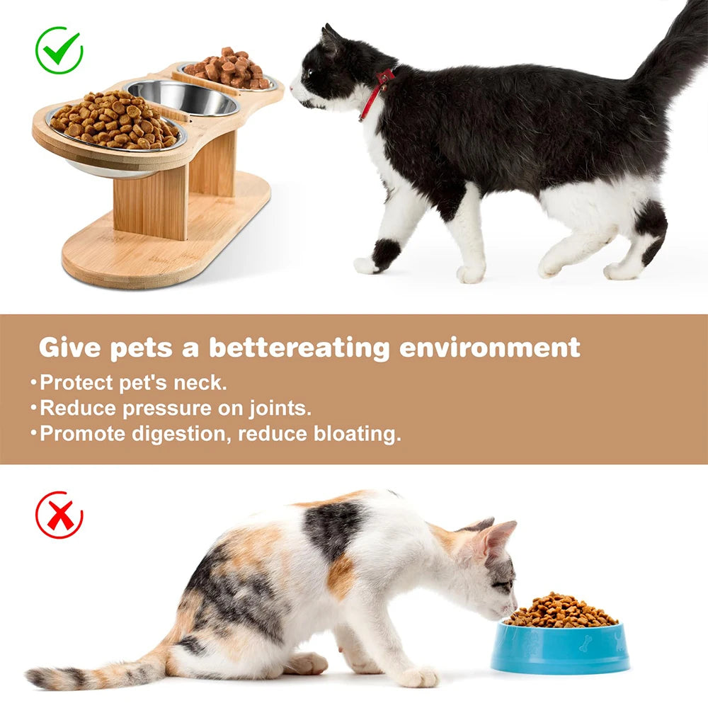 15° Tilted Raised Triple Cat Feeder with Stainless Steel Bowls & Wooden Stand