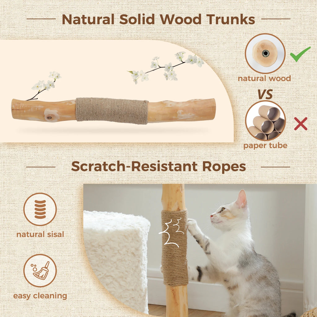 Modern Natural Wood Cat Tree with Wicker Basket & Deep Hammock – Luxury Indoor Cat Tower with Spacious Condo