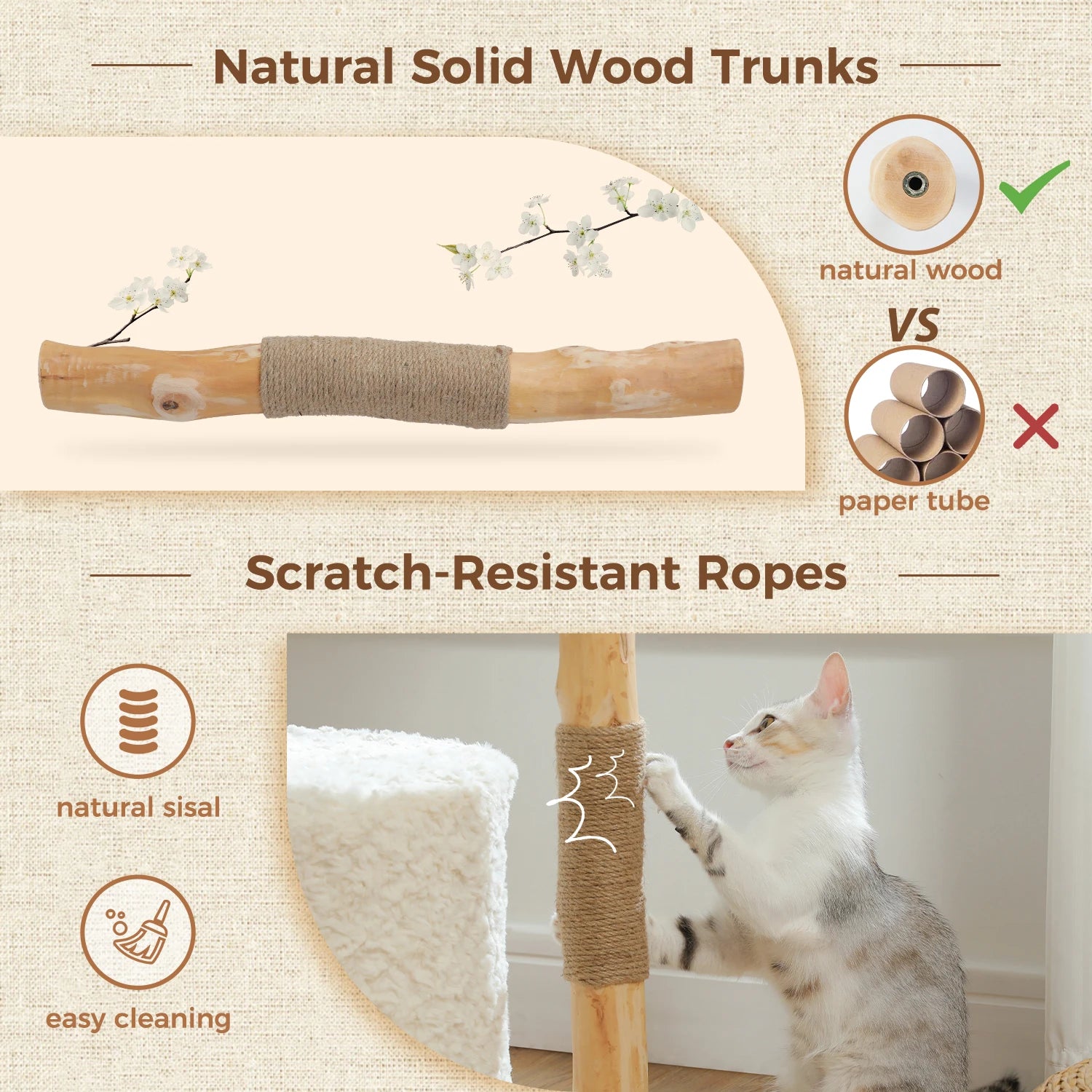 Modern Natural Wood Cat Tree with Wicker Basket & Deep Hammock – Luxury Indoor Cat Tower with Spacious Condo
