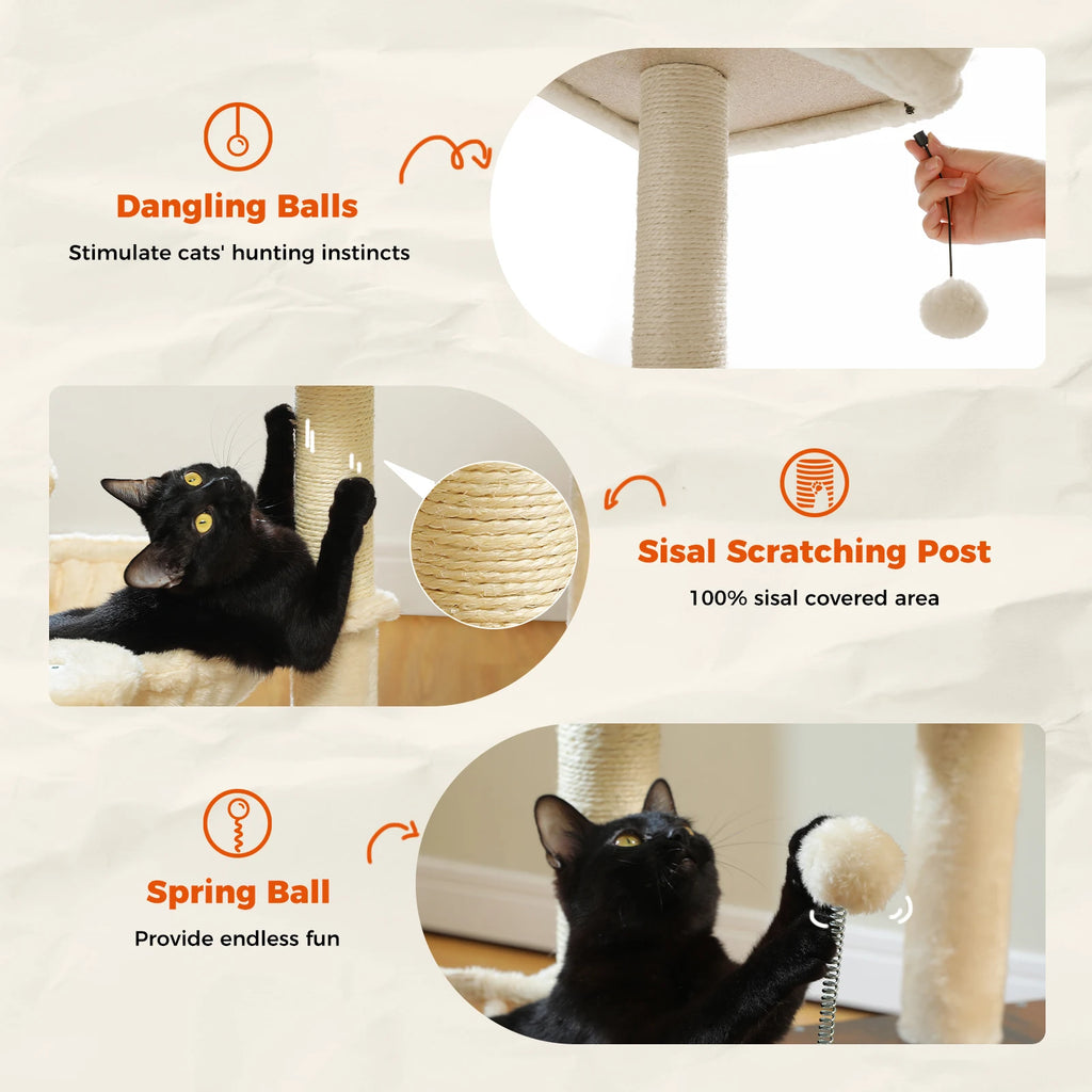 Modern Wooden Cat Tree with Condo, Hammock & Scratching Posts for Indoor Cats