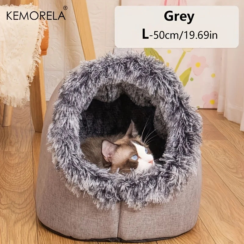 KEMORELA Winter Cat Bed – Self-Warming Cozy Cave House for Indoor Cats & Small Pets, Soft Plush Kennel Hut with Non-Slip Base