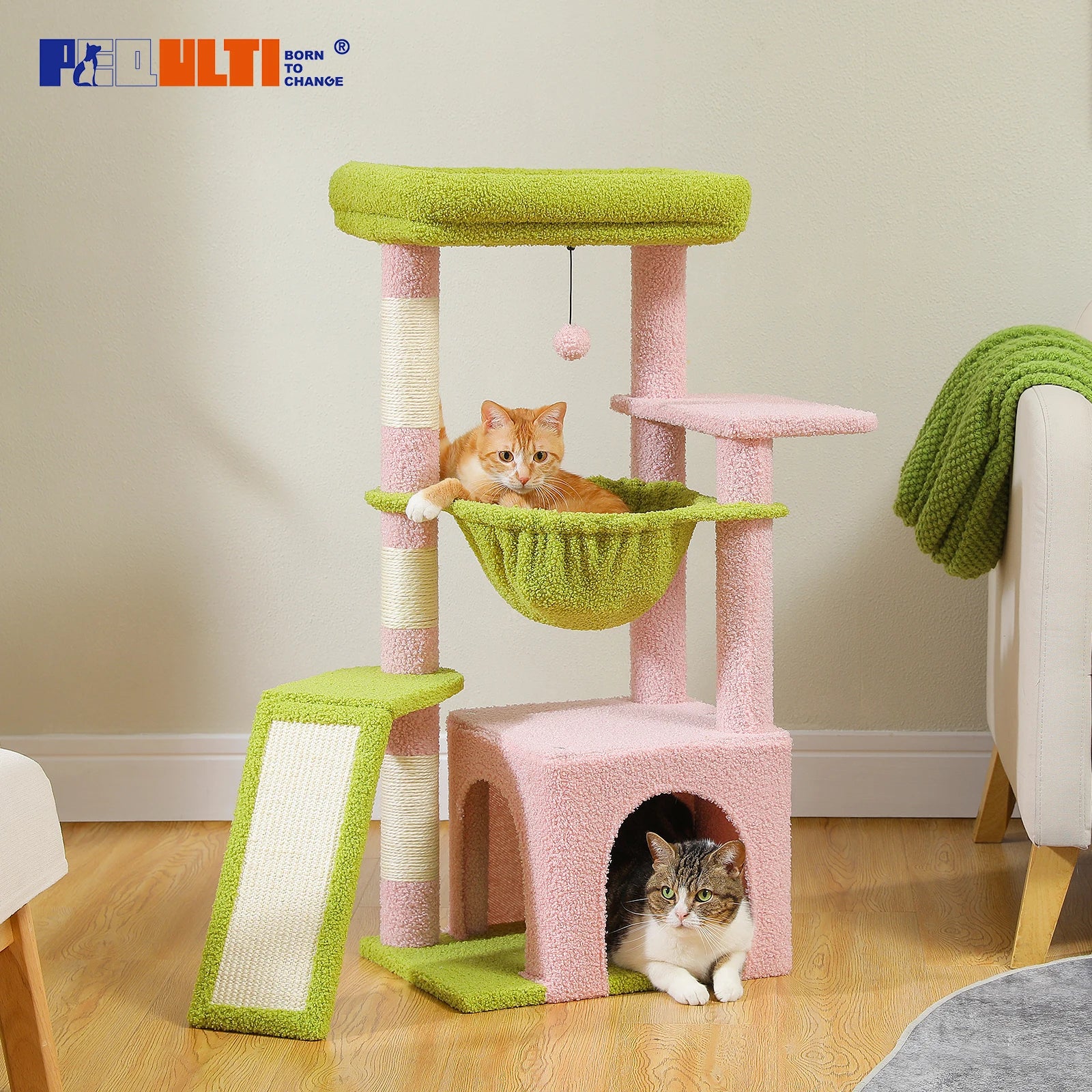 Small Cat Tree Tower with Sisal Scratching Ramp, Condo, Hammock & Top Perch