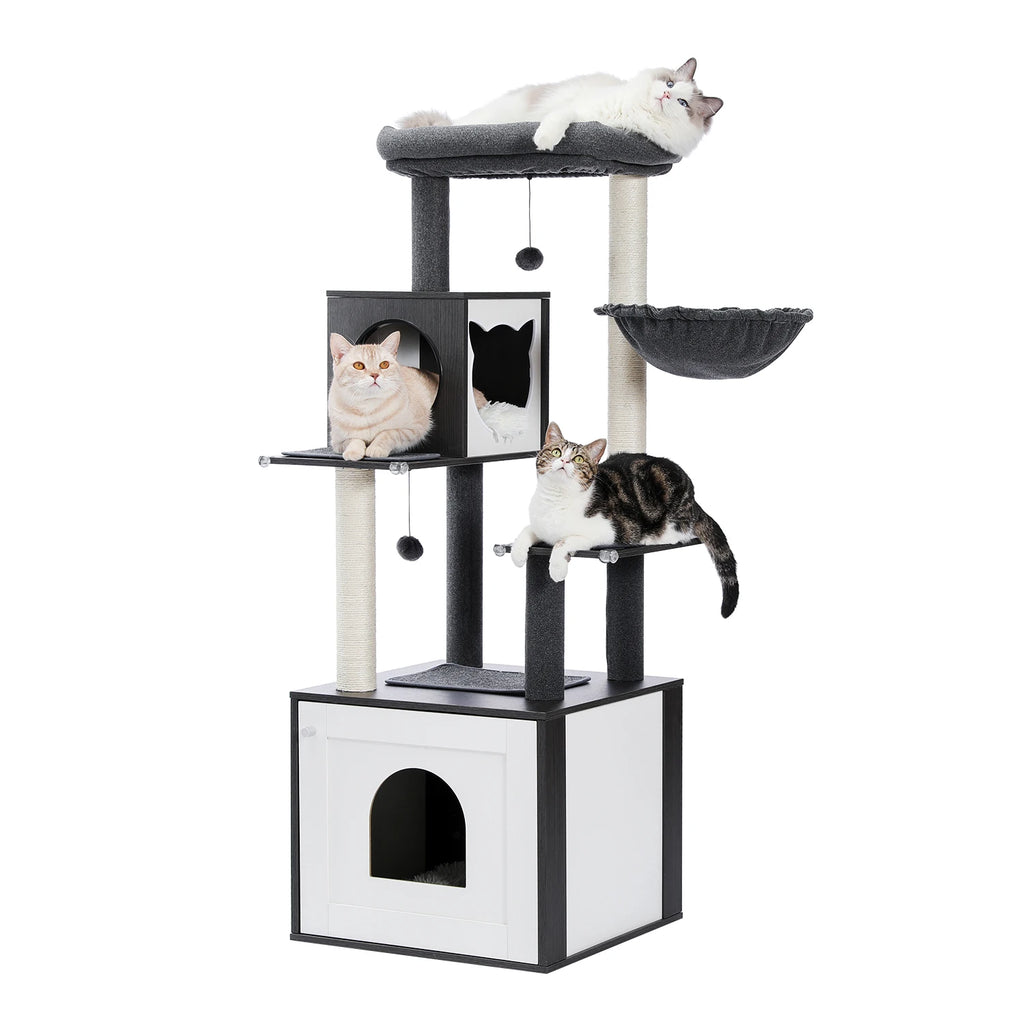 Multi-Level Wooden Cat Tree Tower with Condo, Hammock & Scratching Posts
