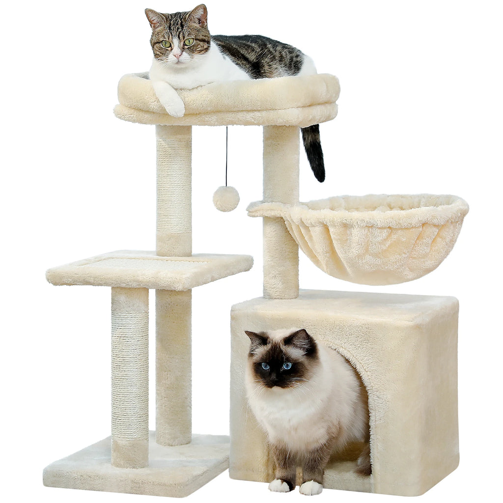 Small Cat Tree Tower with Sisal Scratching Ramp, Condo, Hammock & Top Perch