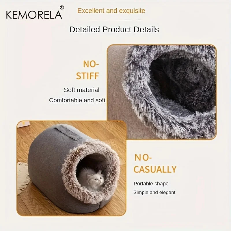 KEMORELA Winter Cat Bed – Self-Warming Cozy Cave House for Indoor Cats & Small Pets, Soft Plush Kennel Hut with Non-Slip Base