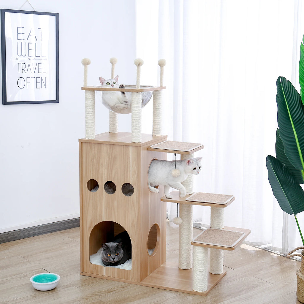Modern Wood Cat Castle Tree (5+ Levels, Large Condos + Clear Bowl Perch)