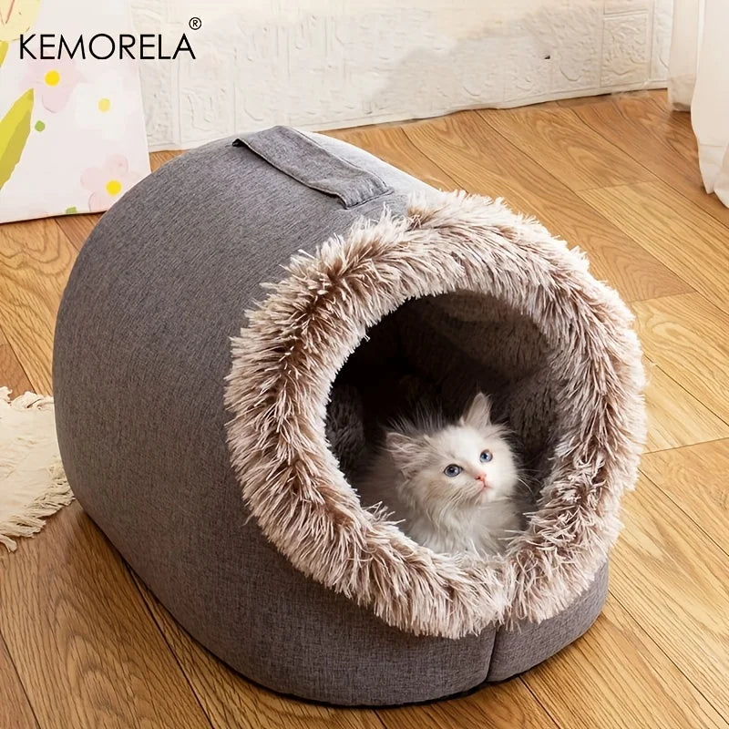 KEMORELA Winter Cat Bed – Self-Warming Cozy Cave House for Indoor Cats & Small Pets, Soft Plush Kennel Hut with Non-Slip Base