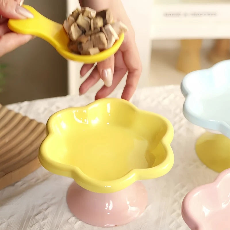Ceramic Flower Raised Cat Bowl with Stand