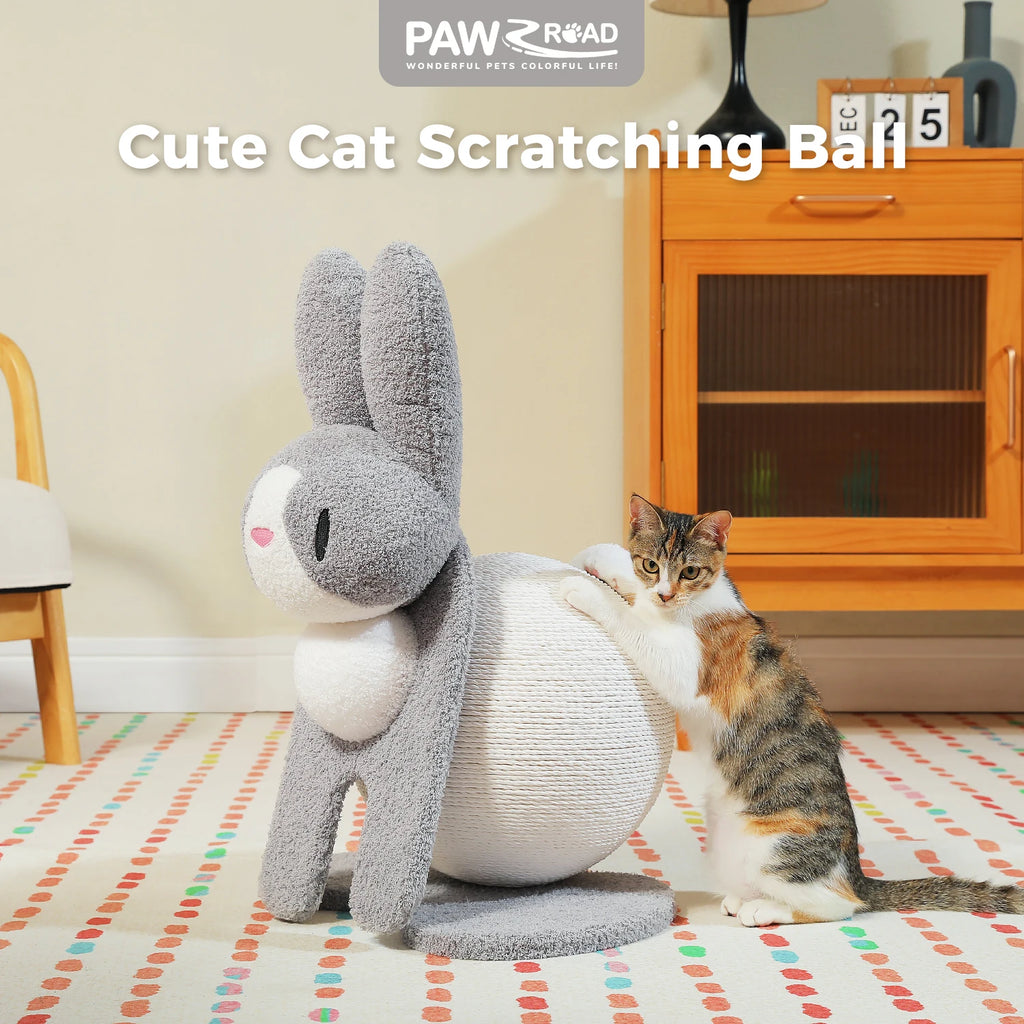 Bunny Cat Scratching Post – Paper Rope Scratch Ball with Wooden Base (61cm)