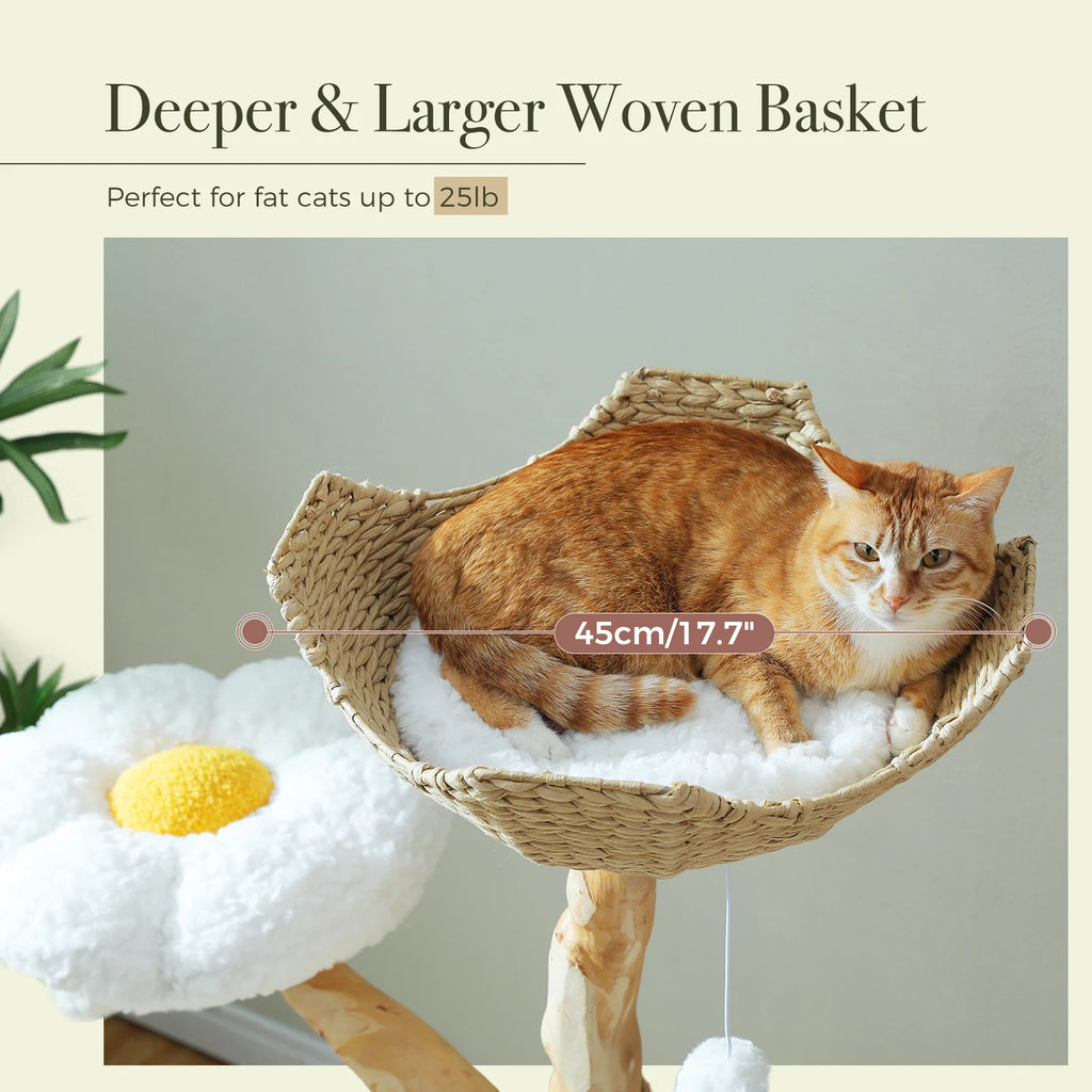 Luxury Multi-Level Flower Cat Tree Tower with Wicker Basket Bed & Solid Wood Scratching Posts