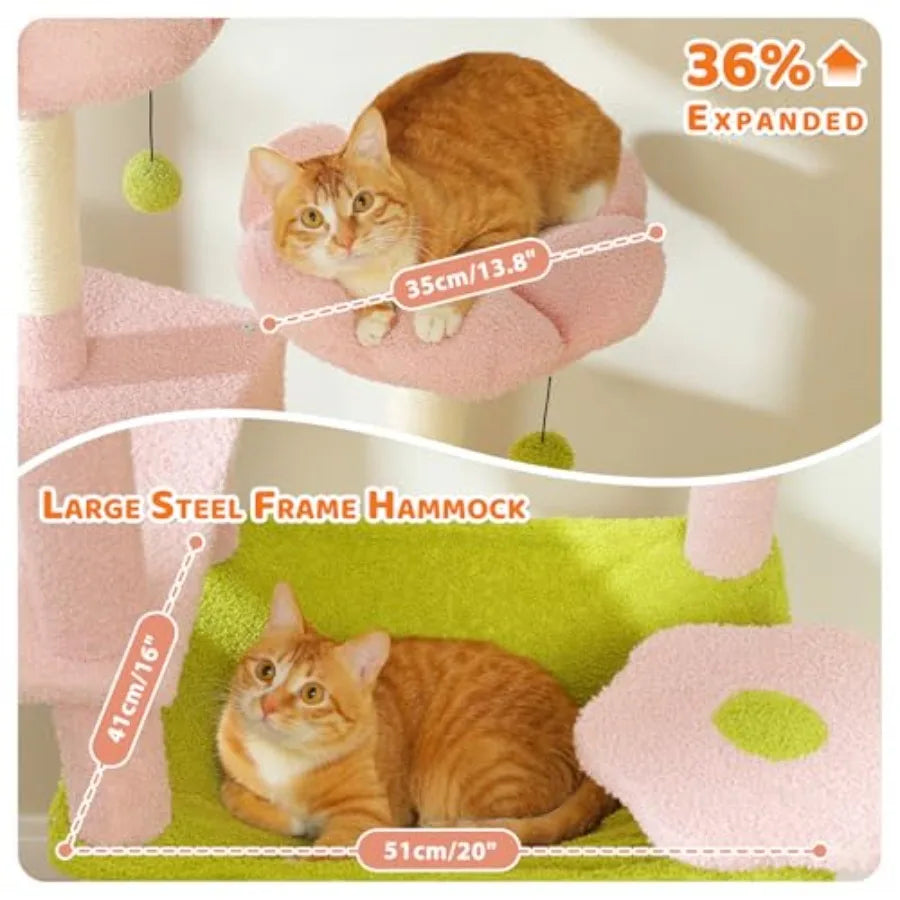 81" Tall Flower Cat Tree Tower – 2 Condos, 2 Perches & Large Hammock (Pink)