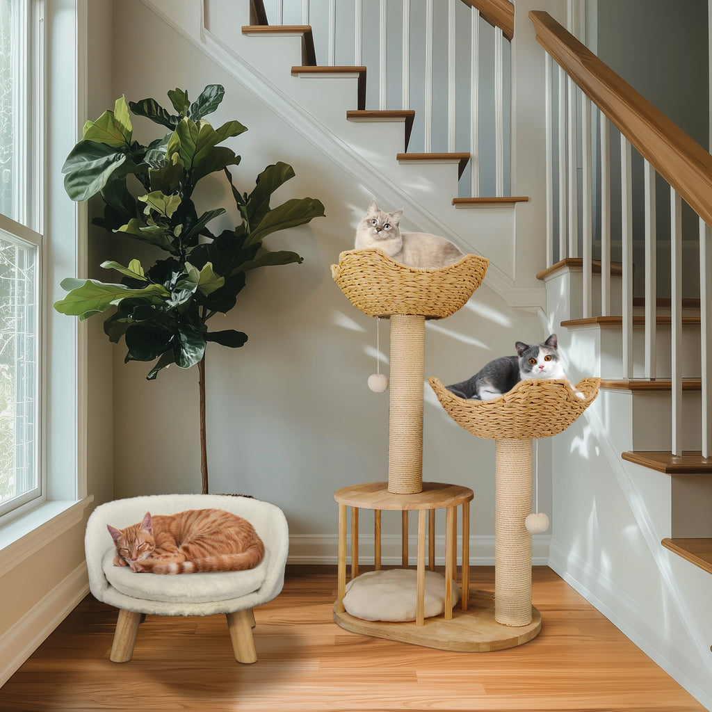3-Tier Natural Wood Climbing & Rest Tower for Indoor Cats