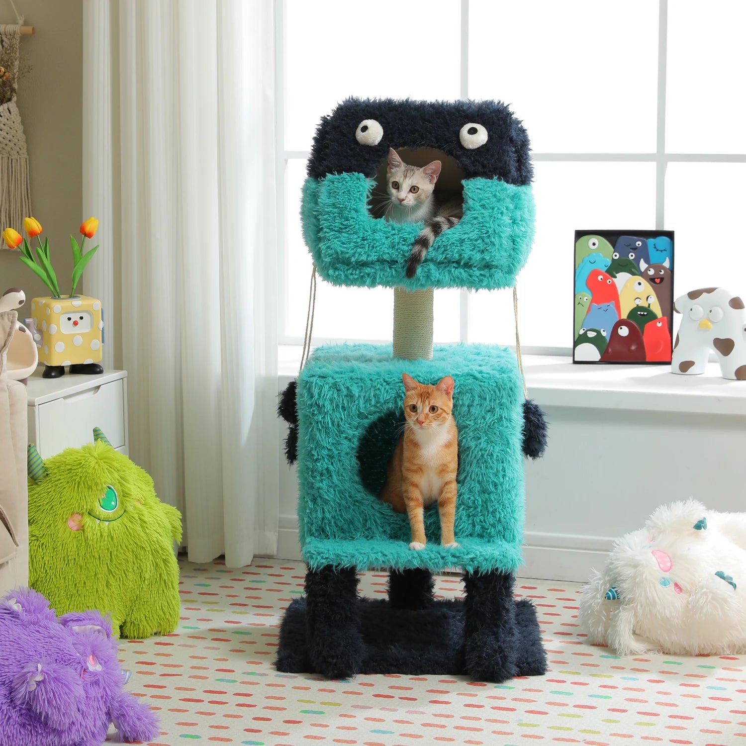 Monster Cozy Cat Tree Tower (2 Condo Hideouts + Scratching Posts, 4 Levels)