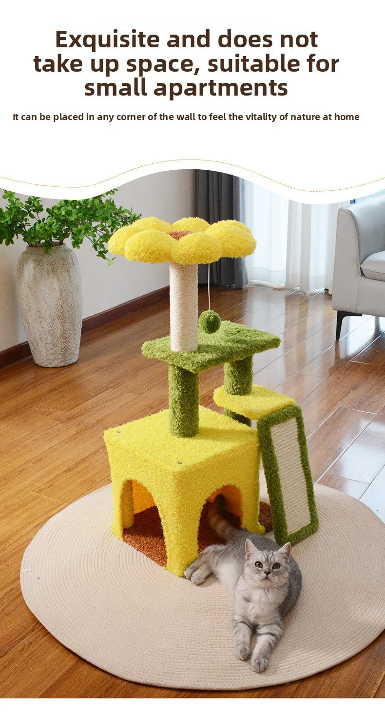 Sunflower Cat Tree Tower – Plush Velvet Cat Condo, Cozy Nest, Scratch Post & Flower Perch