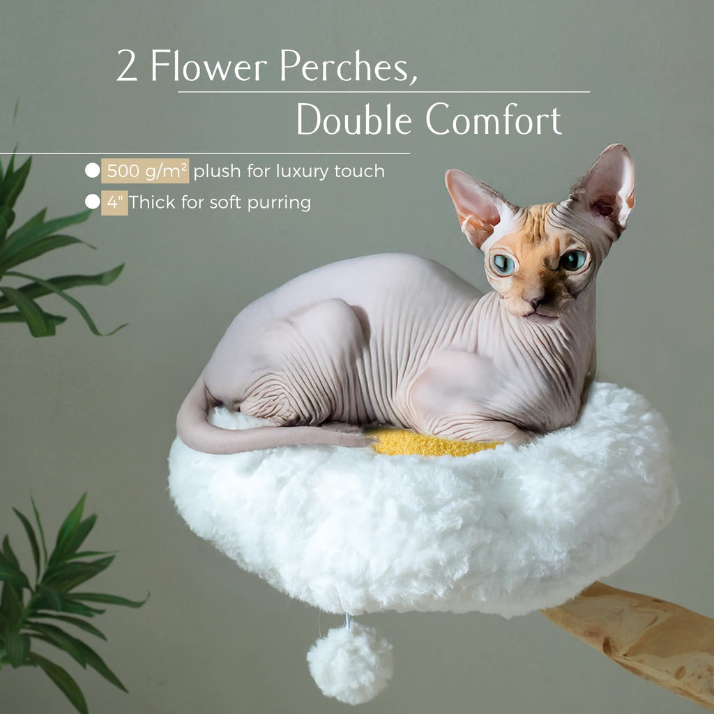 Luxury Multi-Level Flower Cat Tree Tower with Wicker Basket Bed & Solid Wood Scratching Posts