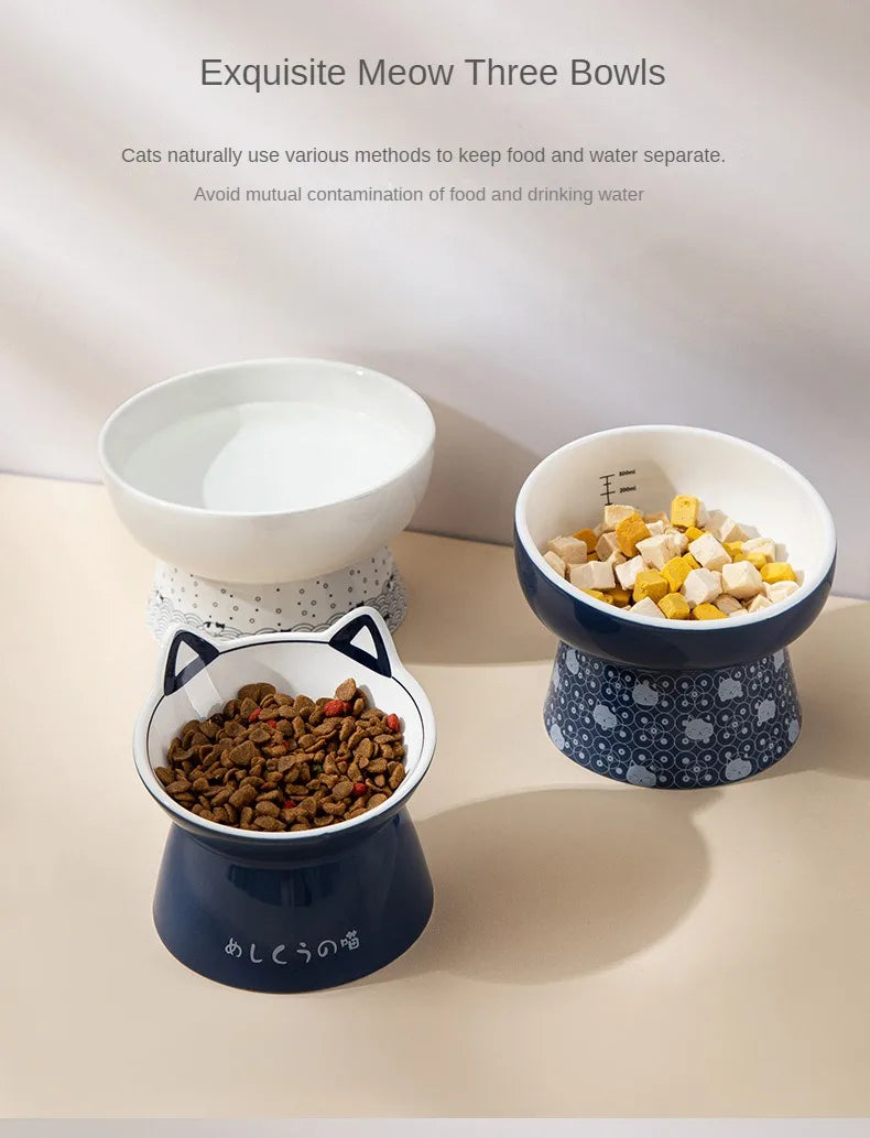 Japanese-Style Elevated Ceramic Double Cat Bowl