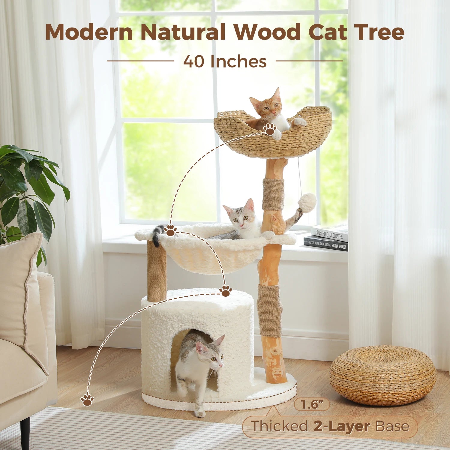 Modern Natural Wood Cat Tree with Wicker Basket & Deep Hammock – Luxury Indoor Cat Tower with Spacious Condo
