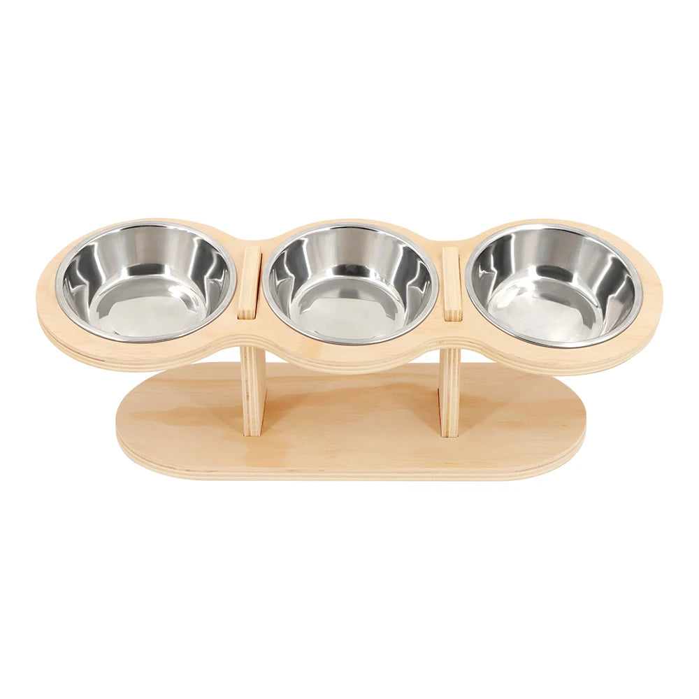 15° Tilted Raised Triple Cat Feeder with Stainless Steel Bowls & Wooden Stand