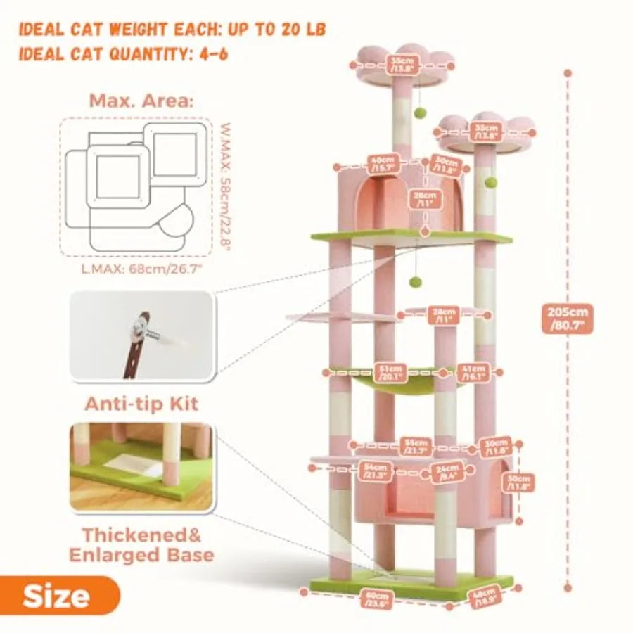 81" Tall Flower Cat Tree Tower – 2 Condos, 2 Perches & Large Hammock (Pink)