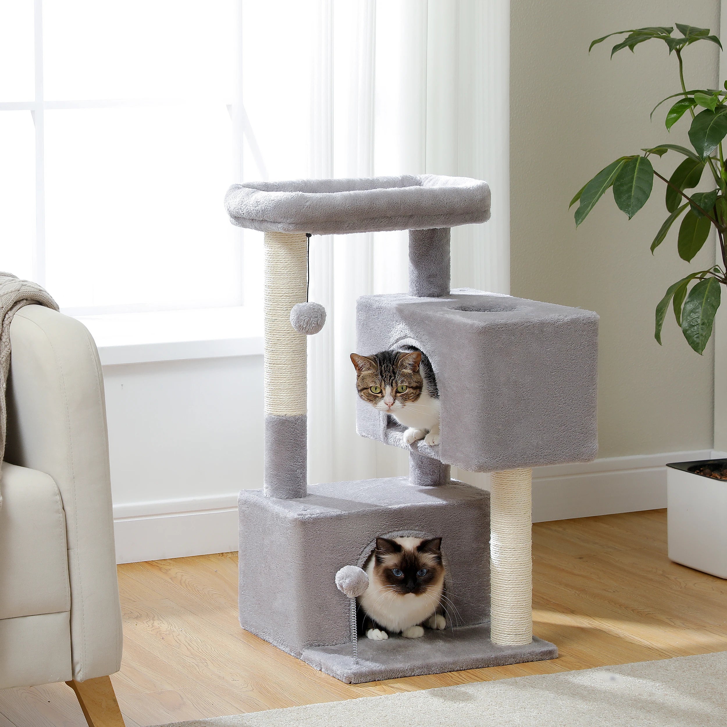 Small Cat Tree Tower with Sisal Scratching Ramp, Condo, Hammock & Top Perch