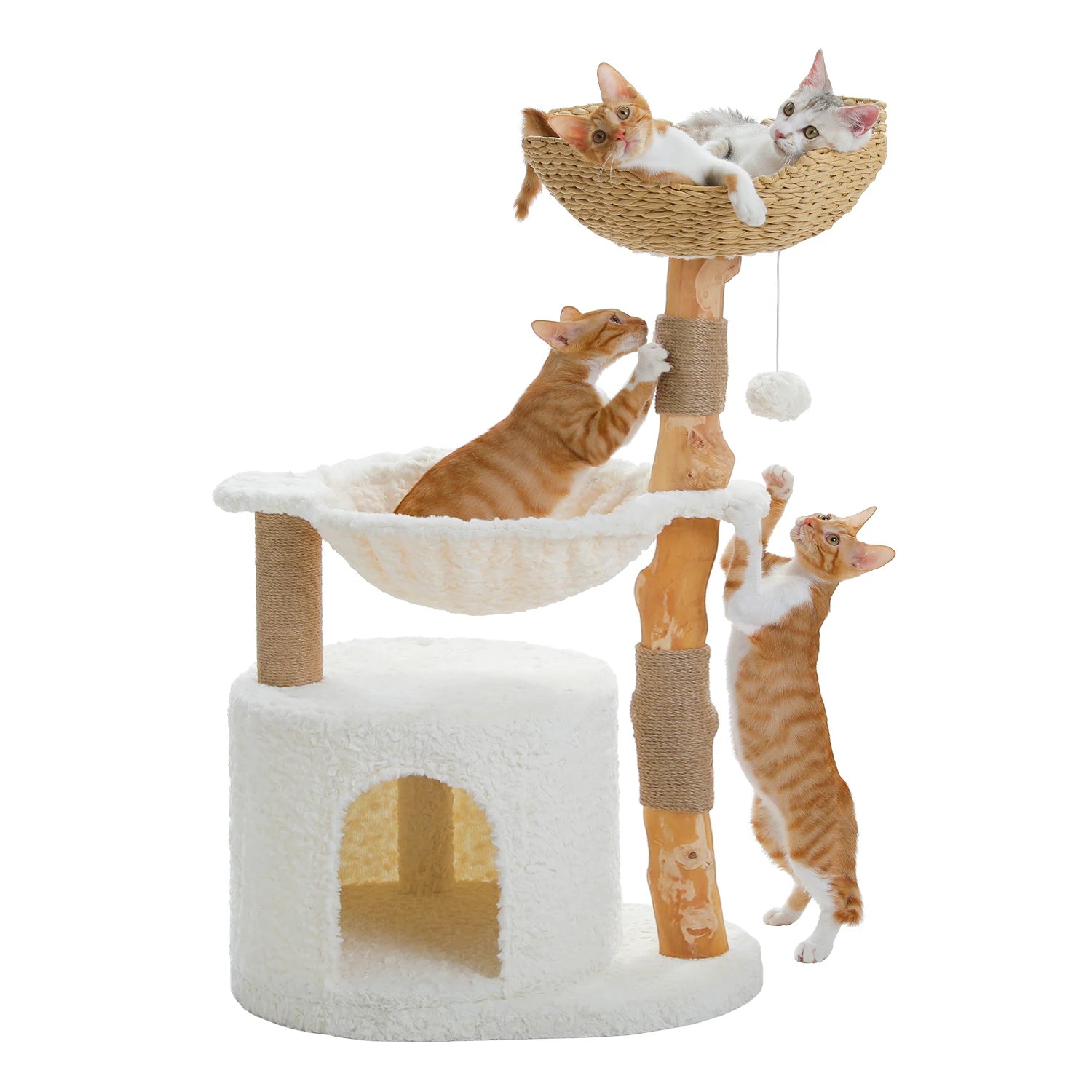 Modern Natural Wood Cat Tree with Wicker Basket & Deep Hammock – Luxury Indoor Cat Tower with Spacious Condo