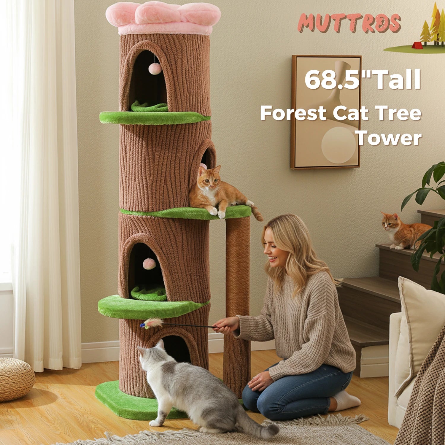 Forest Cat Tree Tower (4 Condos + Flower Top Bed + Thick Scratcher)