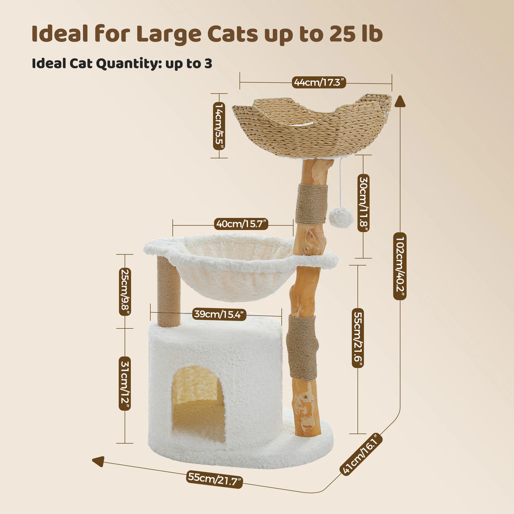 Modern Natural Wood Cat Tree with Wicker Basket & Deep Hammock – Luxury Indoor Cat Tower with Spacious Condo