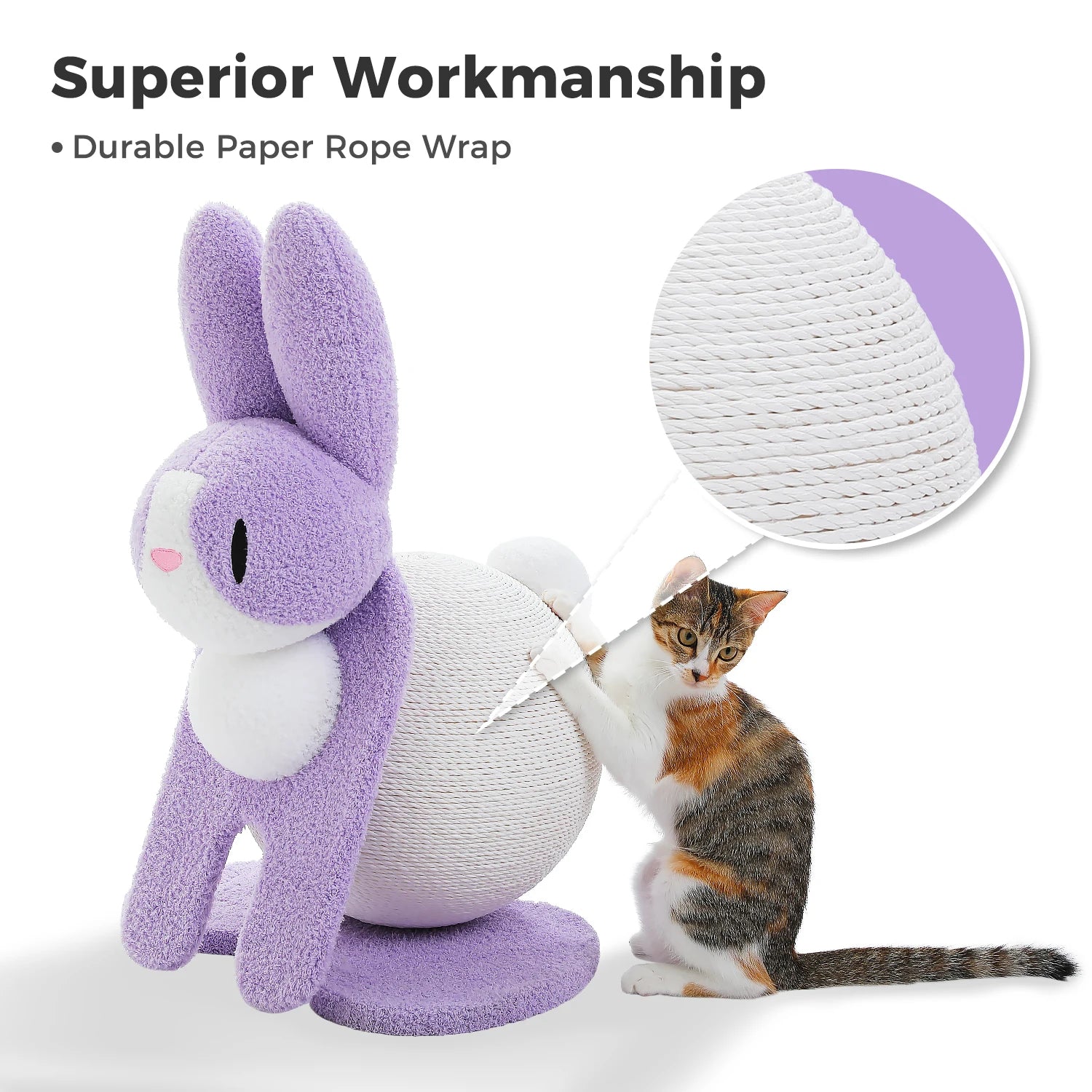 Bunny Cat Scratching Post – Paper Rope Scratch Ball with Wooden Base (61cm)