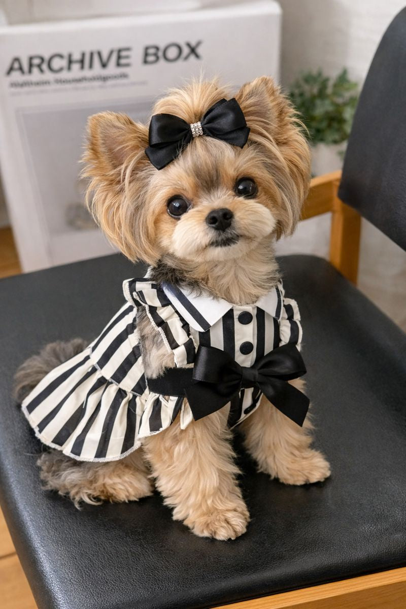 Black & White Stripe Bow Pet Dress with Bear Pouch